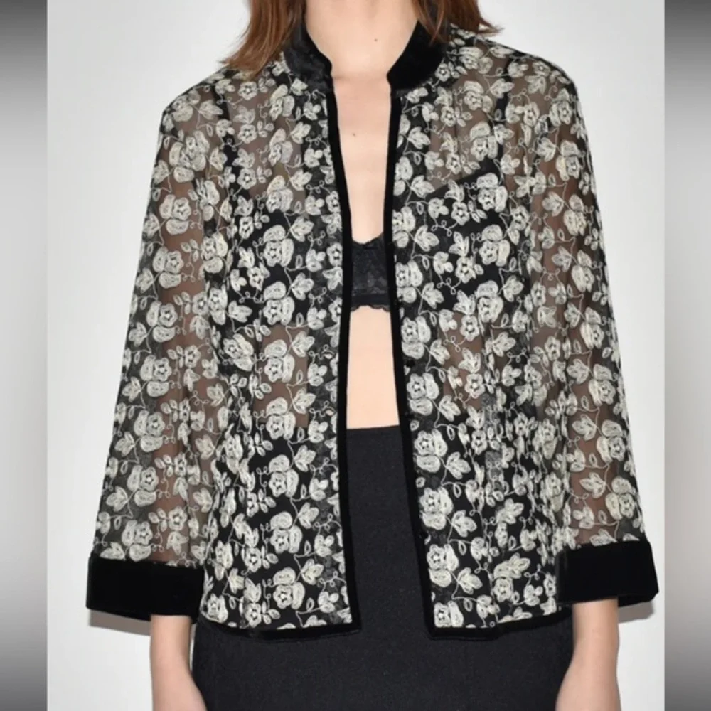 Talbots Embroidered‎ Velvet Trim formal Jacket semi-sheer Button Front